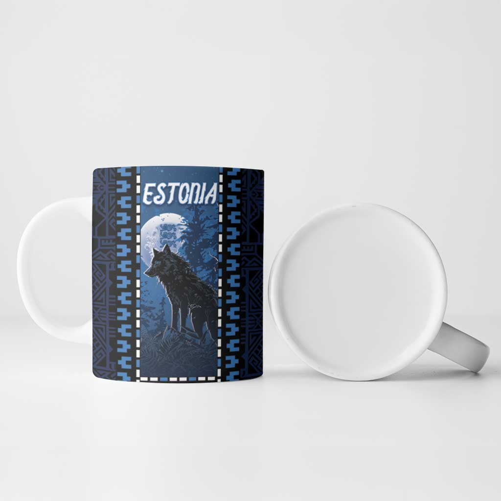 Personalized Estonia Ceramic Mug Night Wolf With Pattern - Wonder Print Shop