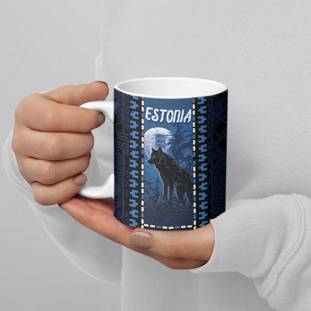 Personalized Estonia Ceramic Mug Night Wolf With Pattern - Wonder Print Shop