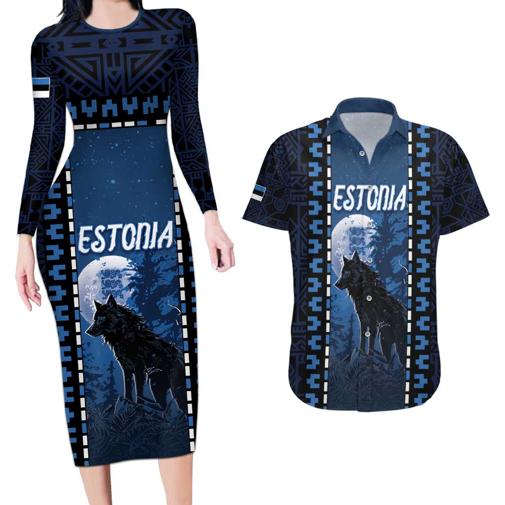 Personalized Estonia Couples Matching Long Sleeve Bodycon Dress and Hawaiian Shirt Night Wolf With Pattern - Wonder Print Shop