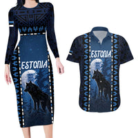 Personalized Estonia Couples Matching Long Sleeve Bodycon Dress and Hawaiian Shirt Night Wolf With Pattern - Wonder Print Shop