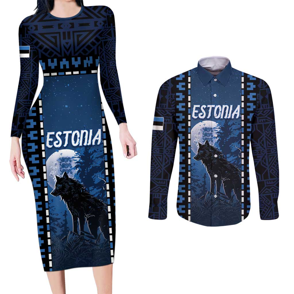 Personalized Estonia Couples Matching Long Sleeve Bodycon Dress and Long Sleeve Button Shirt Night Wolf With Pattern - Wonder Print Shop