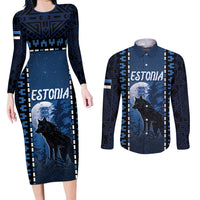 Personalized Estonia Couples Matching Long Sleeve Bodycon Dress and Long Sleeve Button Shirt Night Wolf With Pattern - Wonder Print Shop