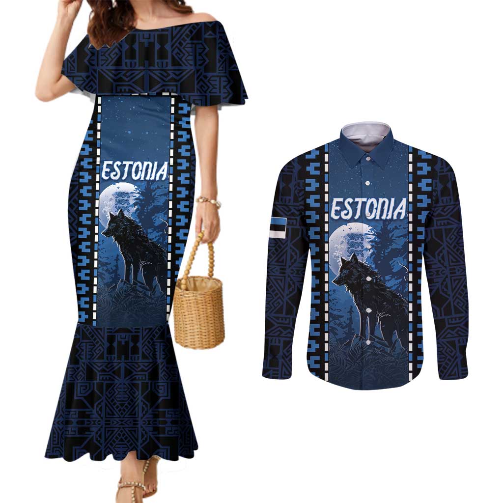 Personalized Estonia Couples Matching Mermaid Dress and Long Sleeve Button Shirt Night Wolf With Pattern - Wonder Print Shop