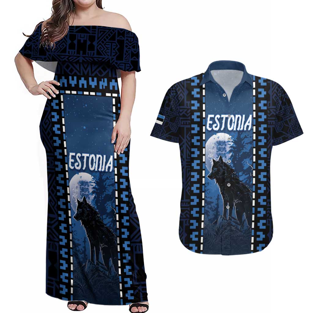 Personalized Estonia Couples Matching Off Shoulder Maxi Dress and Hawaiian Shirt Night Wolf With Pattern - Wonder Print Shop
