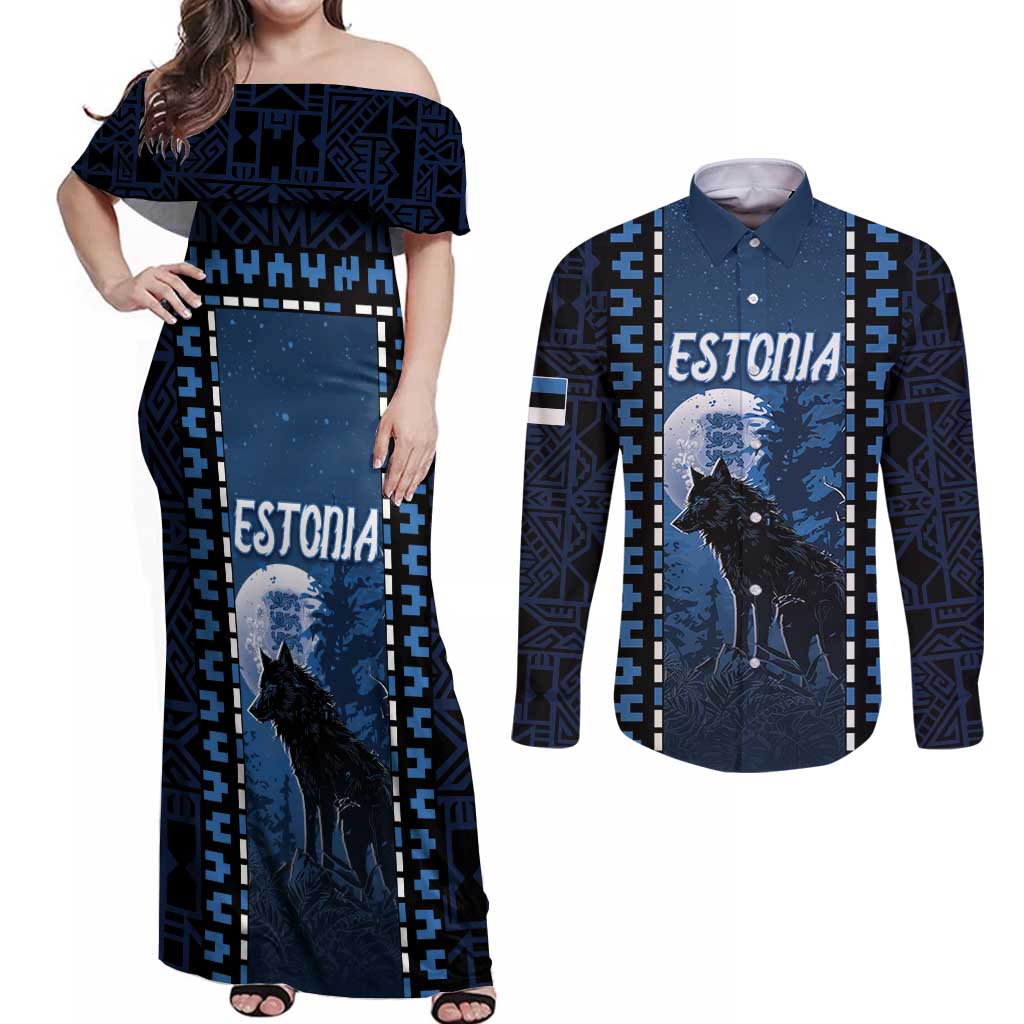 Personalized Estonia Couples Matching Off Shoulder Maxi Dress and Long Sleeve Button Shirt Night Wolf With Pattern - Wonder Print Shop
