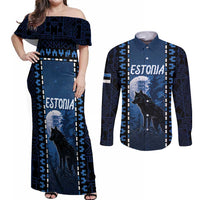 Personalized Estonia Couples Matching Off Shoulder Maxi Dress and Long Sleeve Button Shirt Night Wolf With Pattern - Wonder Print Shop