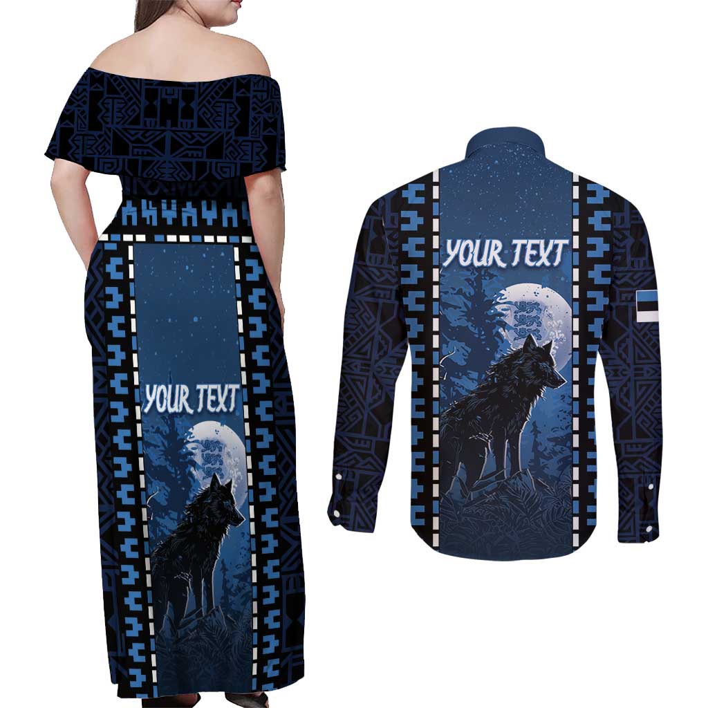 Personalized Estonia Couples Matching Off Shoulder Maxi Dress and Long Sleeve Button Shirt Night Wolf With Pattern - Wonder Print Shop