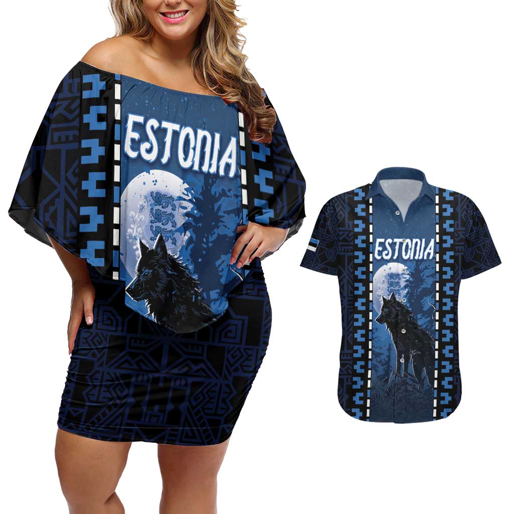 Personalized Estonia Couples Matching Off Shoulder Short Dress and Hawaiian Shirt Night Wolf With Pattern - Wonder Print Shop