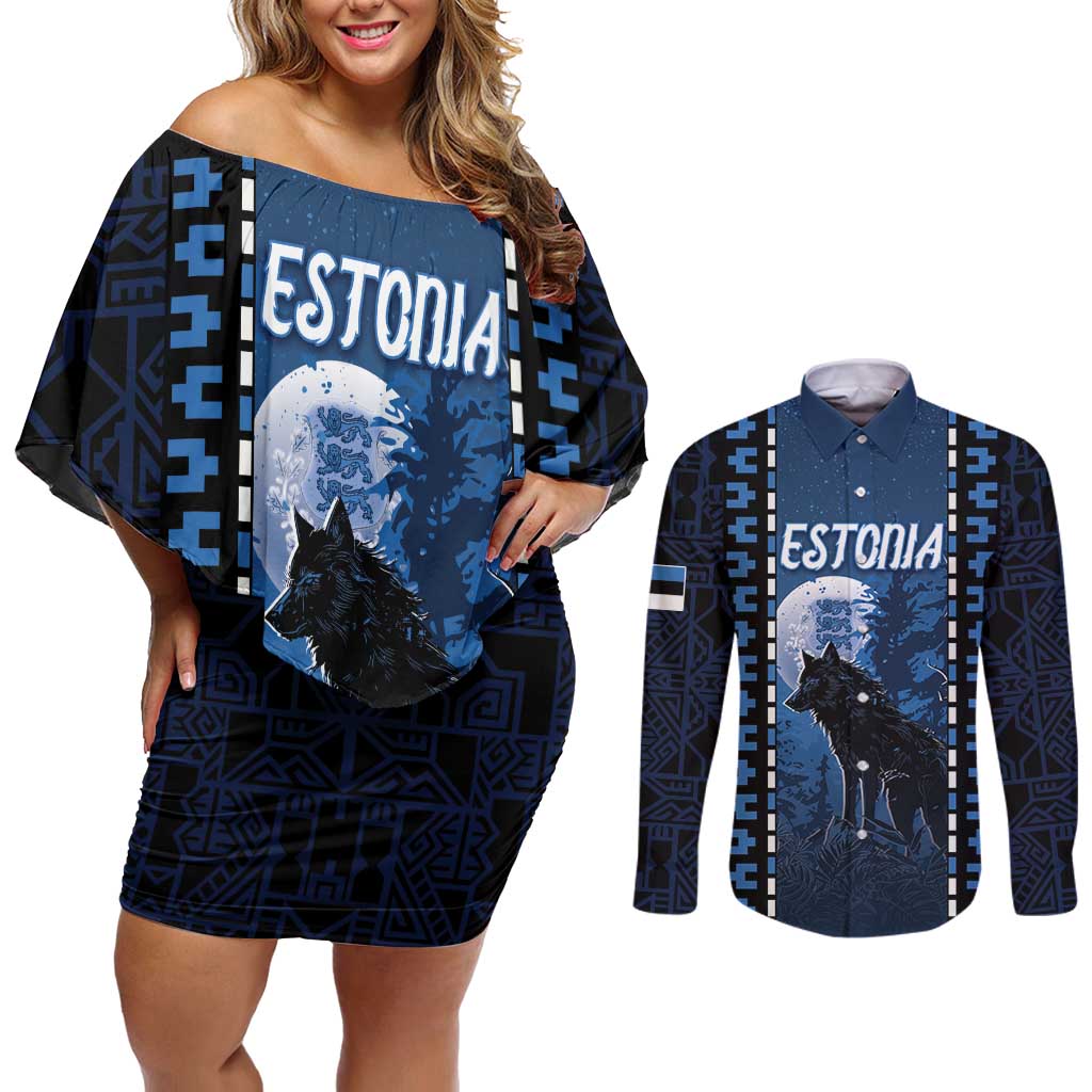 Personalized Estonia Couples Matching Off Shoulder Short Dress and Long Sleeve Button Shirt Night Wolf With Pattern - Wonder Print Shop