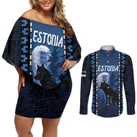 Personalized Estonia Couples Matching Off Shoulder Short Dress and Long Sleeve Button Shirt Night Wolf With Pattern - Wonder Print Shop