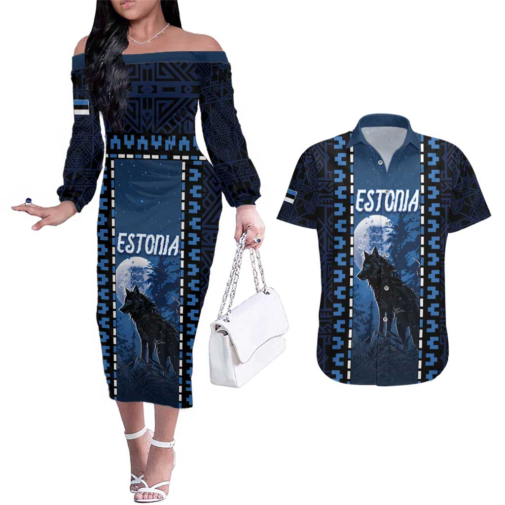 Personalized Estonia Couples Matching Off The Shoulder Long Sleeve Dress and Hawaiian Shirt Night Wolf With Pattern - Wonder Print Shop