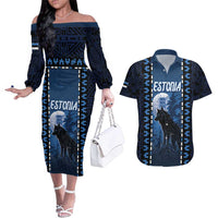 Personalized Estonia Couples Matching Off The Shoulder Long Sleeve Dress and Hawaiian Shirt Night Wolf With Pattern - Wonder Print Shop