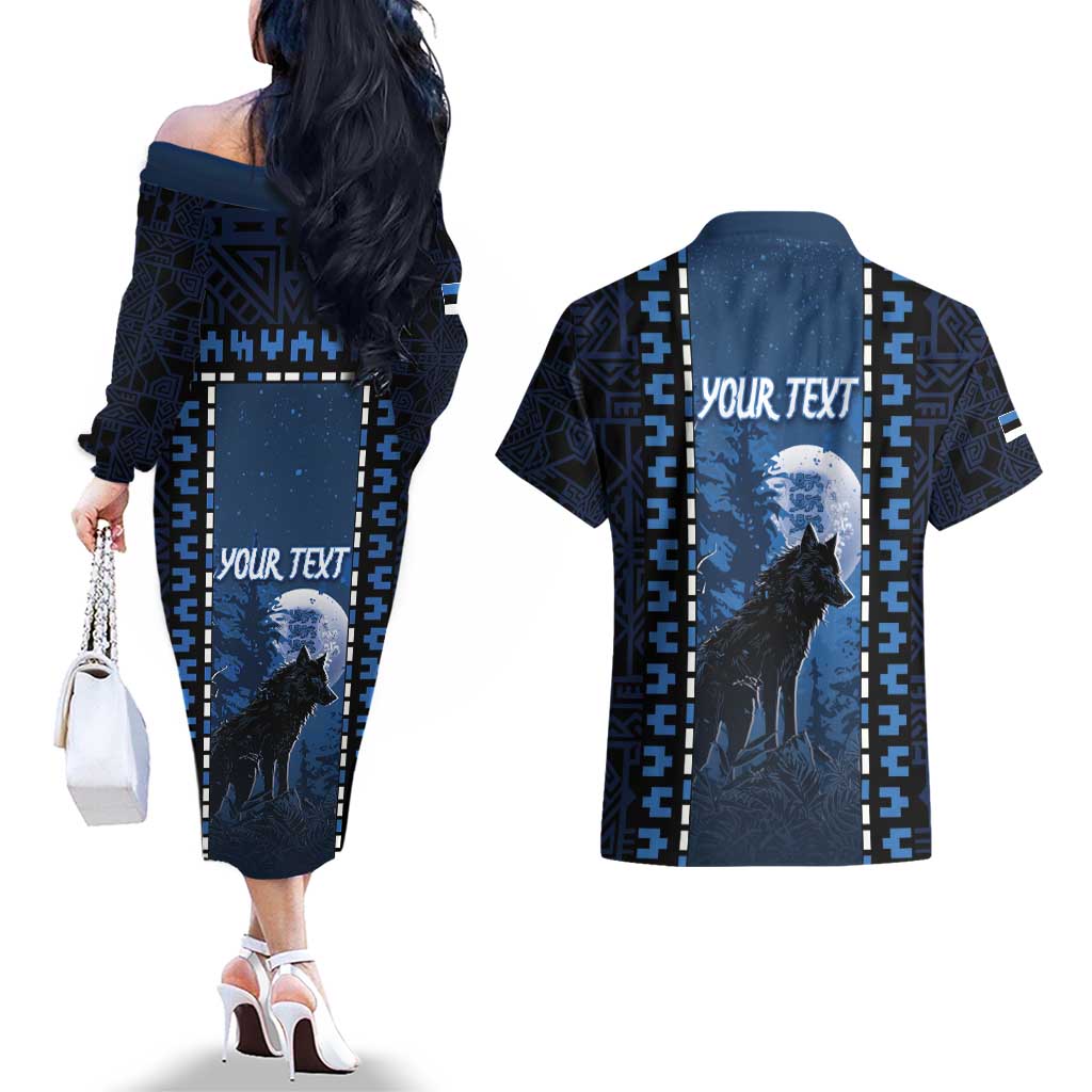 Personalized Estonia Couples Matching Off The Shoulder Long Sleeve Dress and Hawaiian Shirt Night Wolf With Pattern - Wonder Print Shop