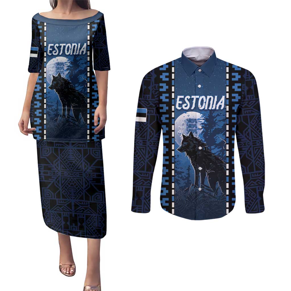 Personalized Estonia Couples Matching Puletasi and Long Sleeve Button Shirt Night Wolf With Pattern - Wonder Print Shop