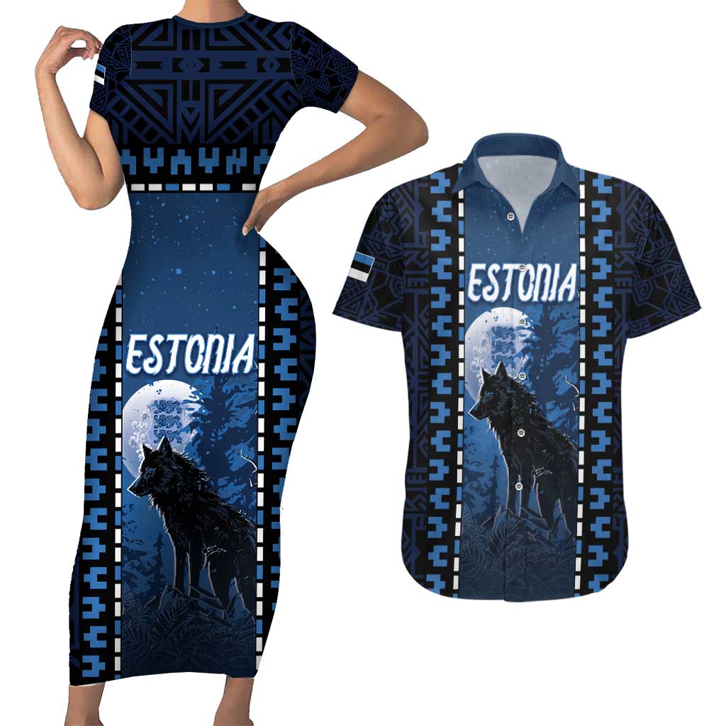 Personalized Estonia Couples Matching Short Sleeve Bodycon Dress and Hawaiian Shirt Night Wolf With Pattern - Wonder Print Shop