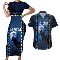 Personalized Estonia Couples Matching Short Sleeve Bodycon Dress and Hawaiian Shirt Night Wolf With Pattern - Wonder Print Shop