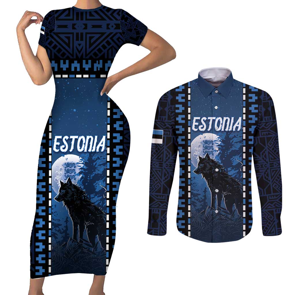 Personalized Estonia Couples Matching Short Sleeve Bodycon Dress and Long Sleeve Button Shirt Night Wolf With Pattern - Wonder Print Shop