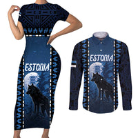 Personalized Estonia Couples Matching Short Sleeve Bodycon Dress and Long Sleeve Button Shirt Night Wolf With Pattern - Wonder Print Shop