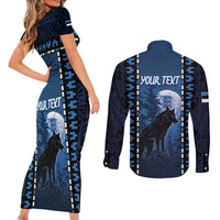 Personalized Estonia Couples Matching Short Sleeve Bodycon Dress and Long Sleeve Button Shirt Night Wolf With Pattern - Wonder Print Shop