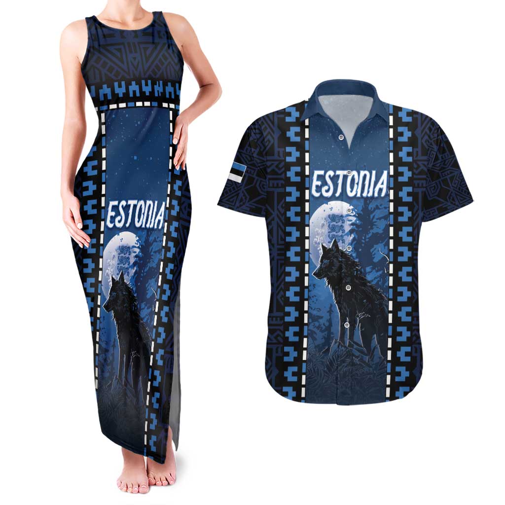Personalized Estonia Couples Matching Tank Maxi Dress and Hawaiian Shirt Night Wolf With Pattern - Wonder Print Shop