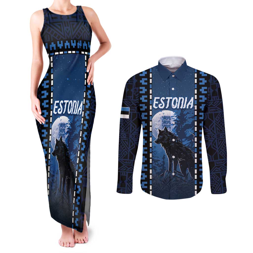 Personalized Estonia Couples Matching Tank Maxi Dress and Long Sleeve Button Shirt Night Wolf With Pattern - Wonder Print Shop