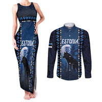 Personalized Estonia Couples Matching Tank Maxi Dress and Long Sleeve Button Shirt Night Wolf With Pattern - Wonder Print Shop