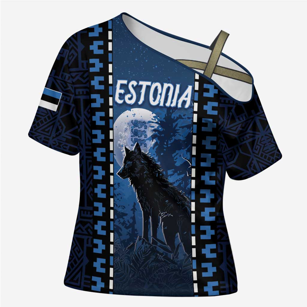 Personalized Estonia Cross Shoulder Shirt Night Wolf With Pattern - Wonder Print Shop