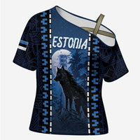Personalized Estonia Cross Shoulder Shirt Night Wolf With Pattern - Wonder Print Shop