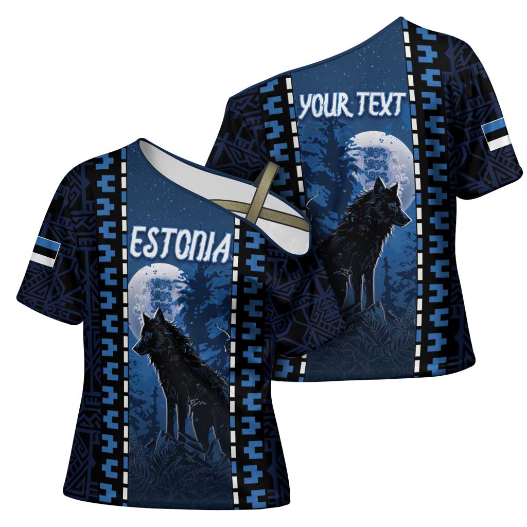 Personalized Estonia Cross Shoulder Shirt Night Wolf With Pattern - Wonder Print Shop