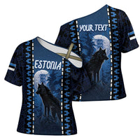 Personalized Estonia Cross Shoulder Shirt Night Wolf With Pattern - Wonder Print Shop