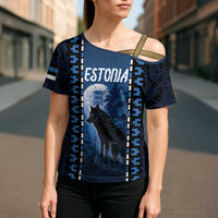 Personalized Estonia Cross Shoulder Shirt Night Wolf With Pattern - Wonder Print Shop