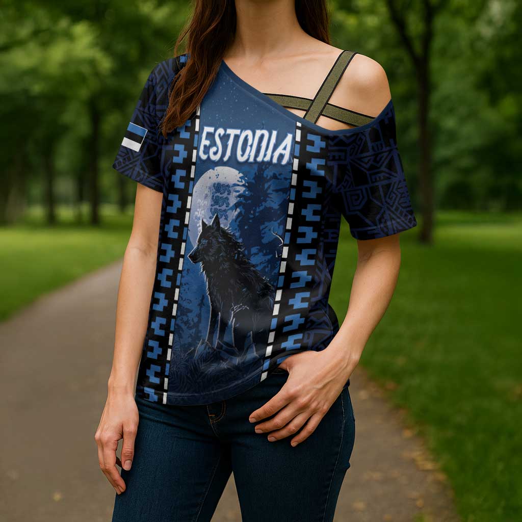 Personalized Estonia Cross Shoulder Shirt Night Wolf With Pattern - Wonder Print Shop