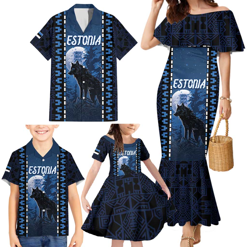 Personalized Estonia Family Matching Mermaid Dress and Hawaiian Shirt Night Wolf With Pattern - Wonder Print Shop