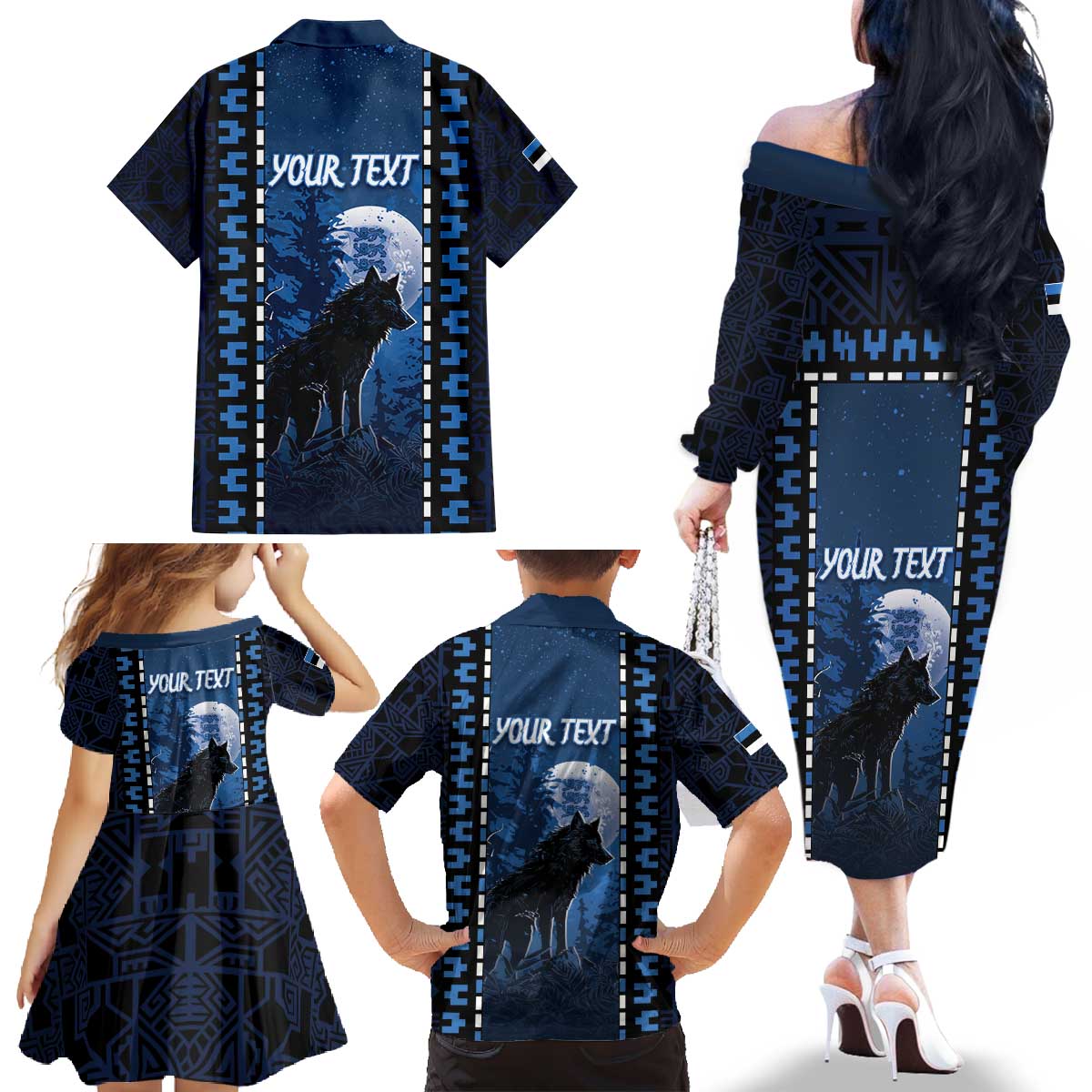 Personalized Estonia Family Matching Off The Shoulder Long Sleeve Dress and Hawaiian Shirt Night Wolf With Pattern - Wonder Print Shop