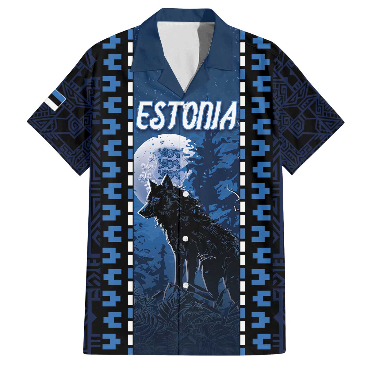 Personalized Estonia Family Matching Off The Shoulder Long Sleeve Dress and Hawaiian Shirt Night Wolf With Pattern - Wonder Print Shop
