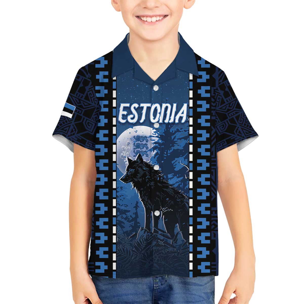 Personalized Estonia Family Matching Off The Shoulder Long Sleeve Dress and Hawaiian Shirt Night Wolf With Pattern - Wonder Print Shop