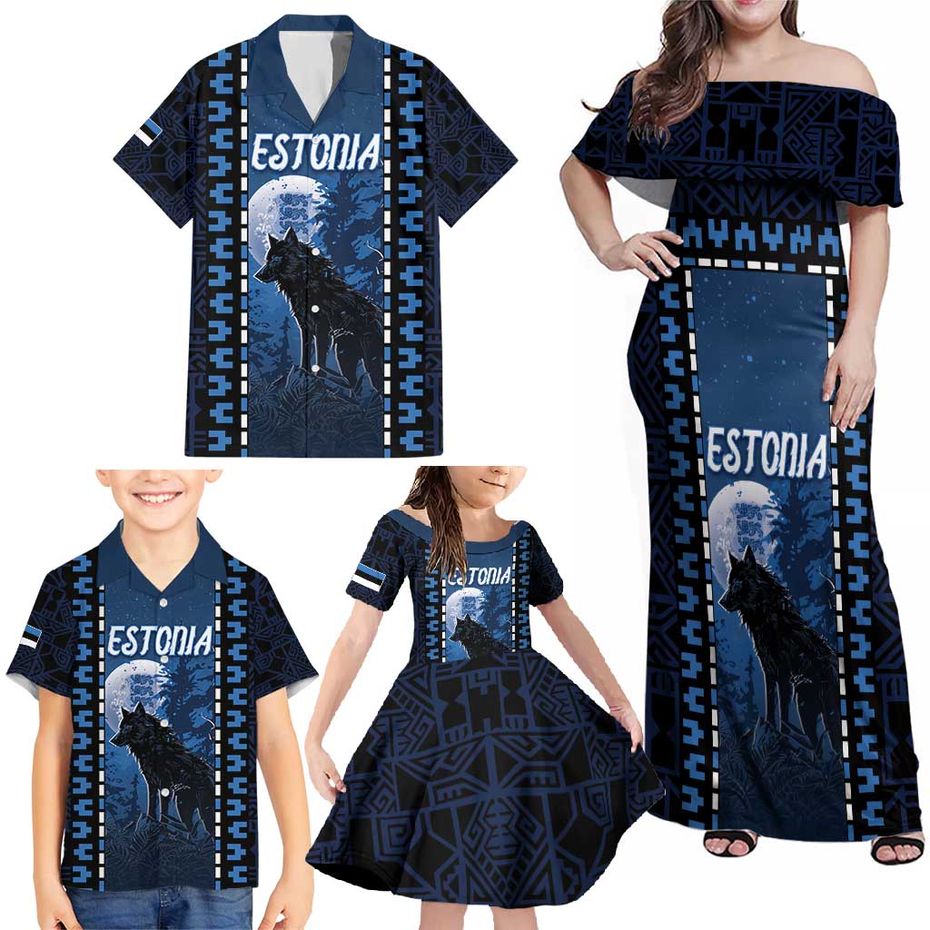 Personalized Estonia Family Matching Off Shoulder Maxi Dress and Hawaiian Shirt Night Wolf With Pattern - Wonder Print Shop