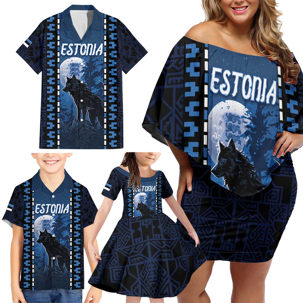 Personalized Estonia Family Matching Off Shoulder Short Dress and Hawaiian Shirt Night Wolf With Pattern - Wonder Print Shop