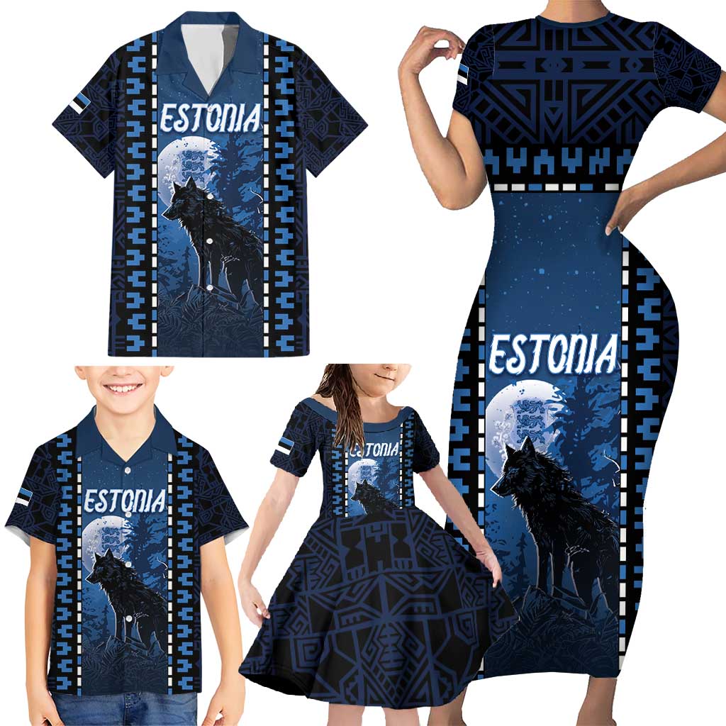 Personalized Estonia Family Matching Short Sleeve Bodycon Dress and Hawaiian Shirt Night Wolf With Pattern - Wonder Print Shop