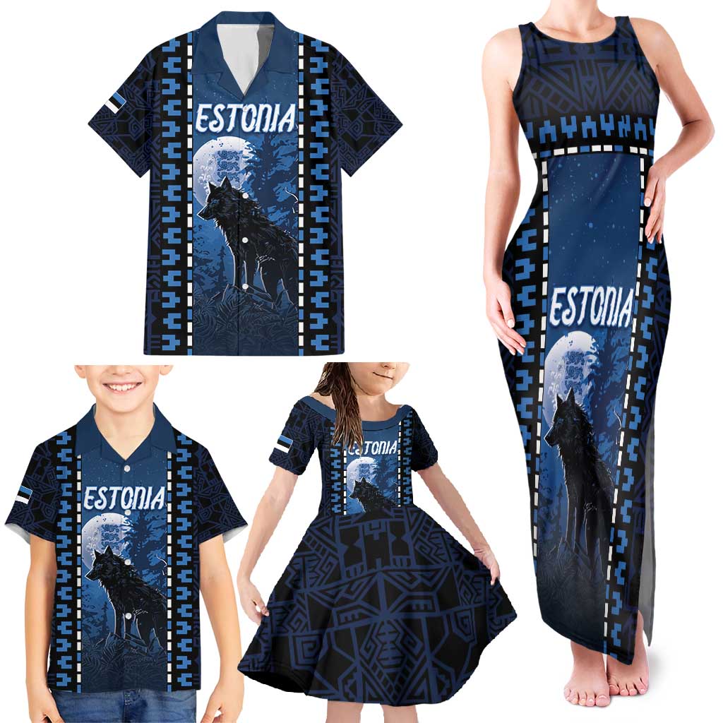 Personalized Estonia Family Matching Tank Maxi Dress and Hawaiian Shirt Night Wolf With Pattern - Wonder Print Shop