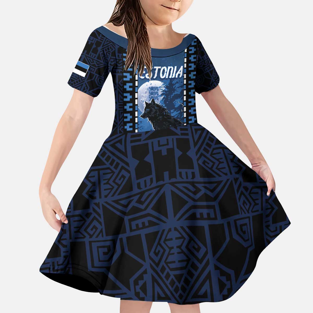 Personalized Estonia Kid Short Sleeve Dress Night Wolf With Pattern - Wonder Print Shop