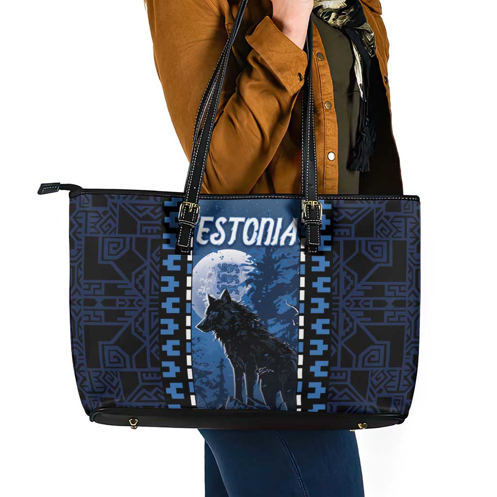 Estonia Leather Tote Bag Night Wolf With Pattern - Wonder Print Shop