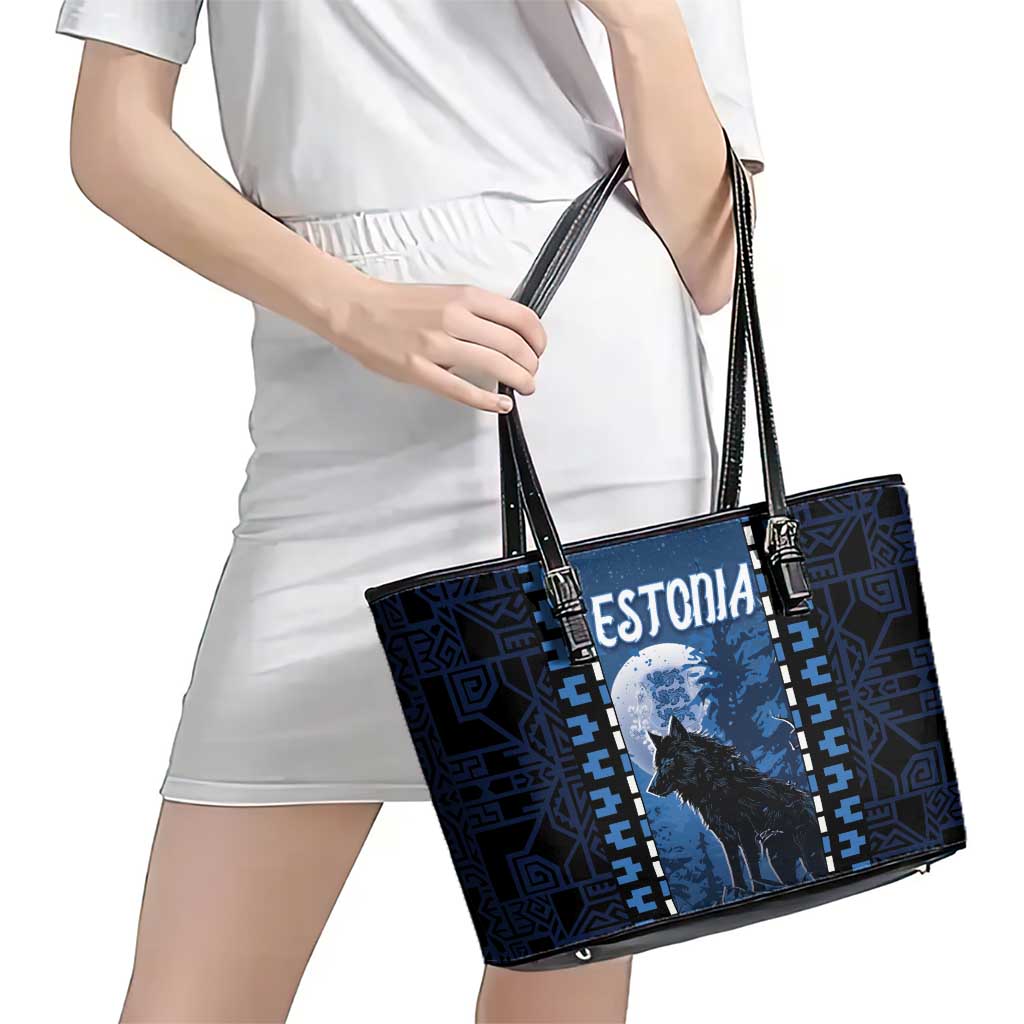 Estonia Leather Tote Bag Night Wolf With Pattern - Wonder Print Shop