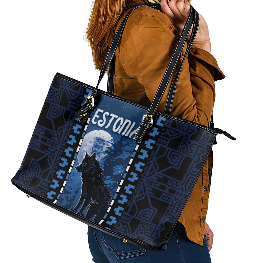 Estonia Leather Tote Bag Night Wolf With Pattern - Wonder Print Shop