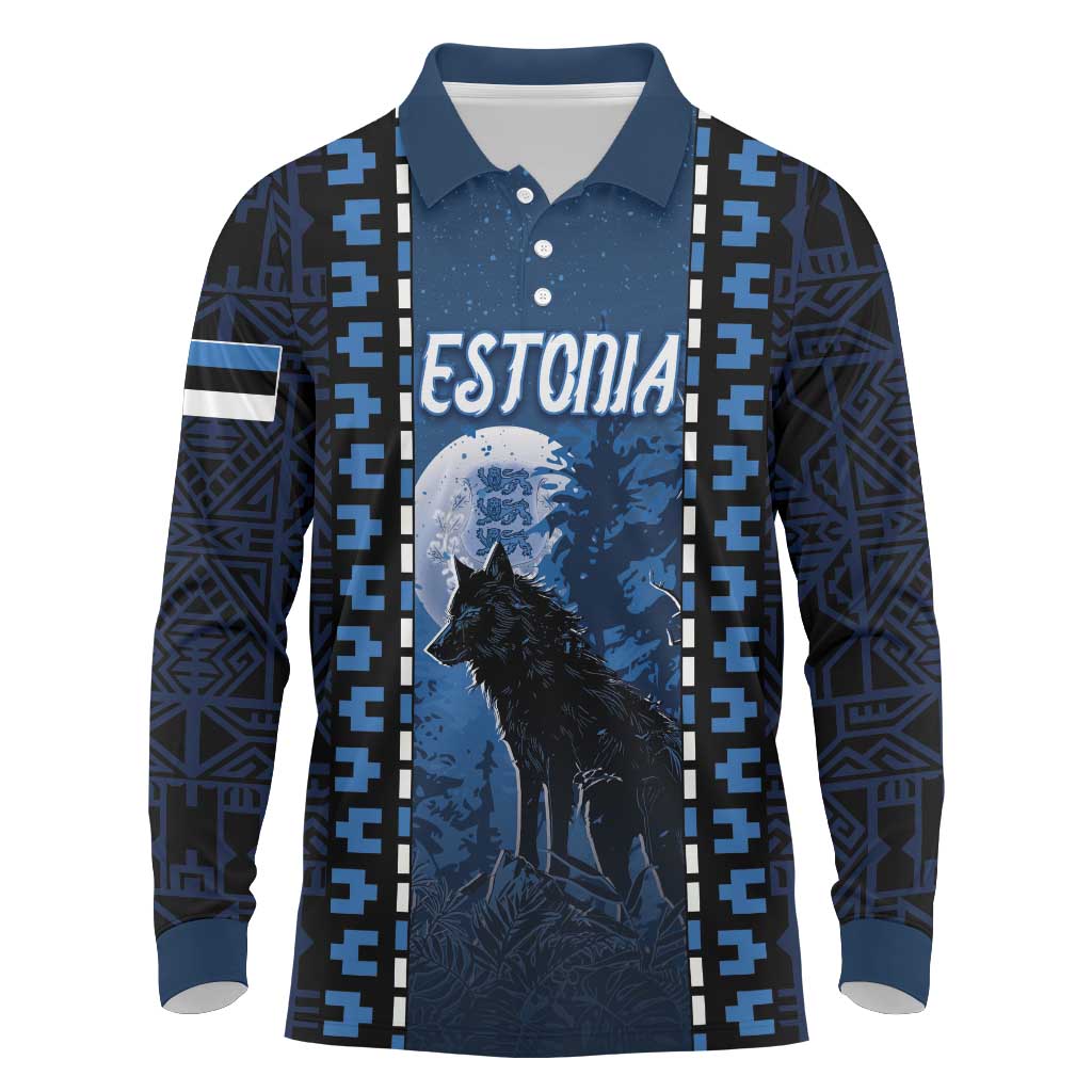 Personalized Estonia Long Sleeve Polo Shirt Night Wolf With Pattern - Wonder Print Shop