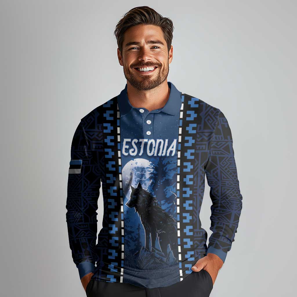 Personalized Estonia Long Sleeve Polo Shirt Night Wolf With Pattern - Wonder Print Shop
