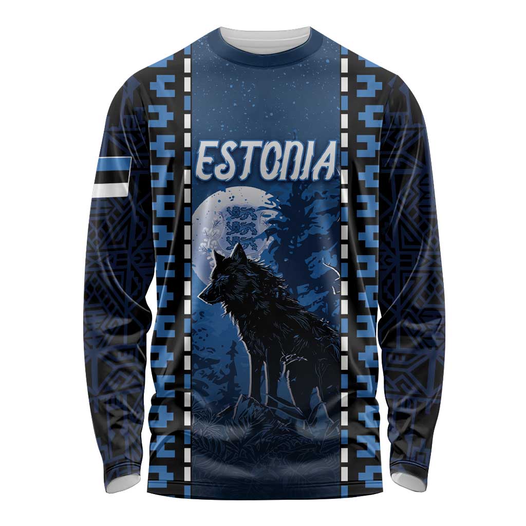 Personalized Estonia Long Sleeve Shirt Night Wolf With Pattern - Wonder Print Shop