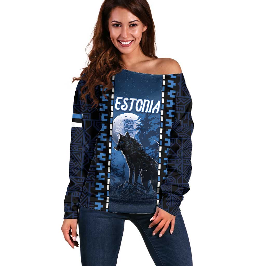 Personalized Estonia Off Shoulder Sweater Night Wolf With Pattern - Wonder Print Shop