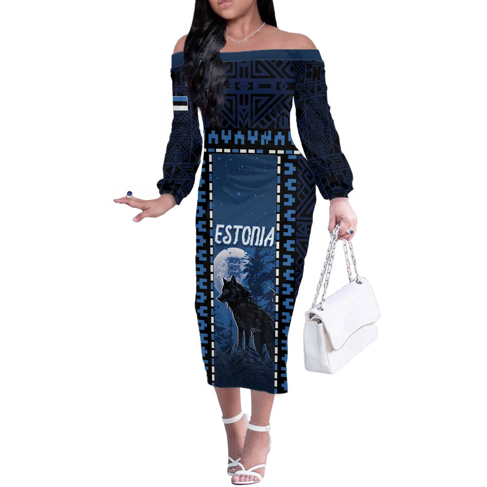 Personalized Estonia Off The Shoulder Long Sleeve Dress Night Wolf With Pattern - Wonder Print Shop
