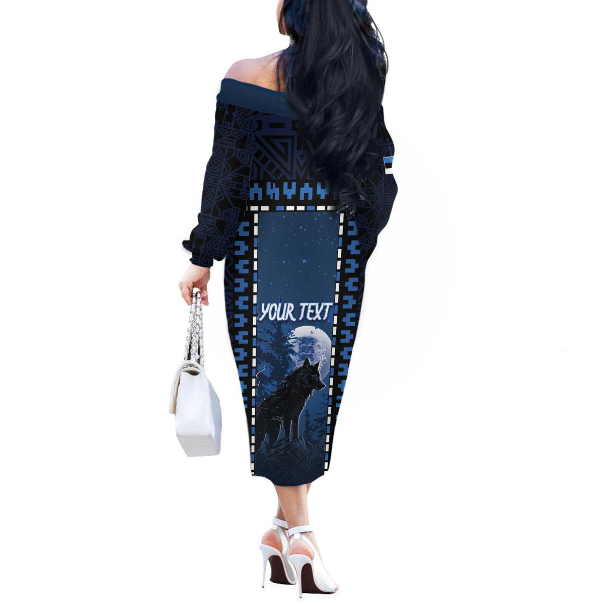 Personalized Estonia Off The Shoulder Long Sleeve Dress Night Wolf With Pattern - Wonder Print Shop